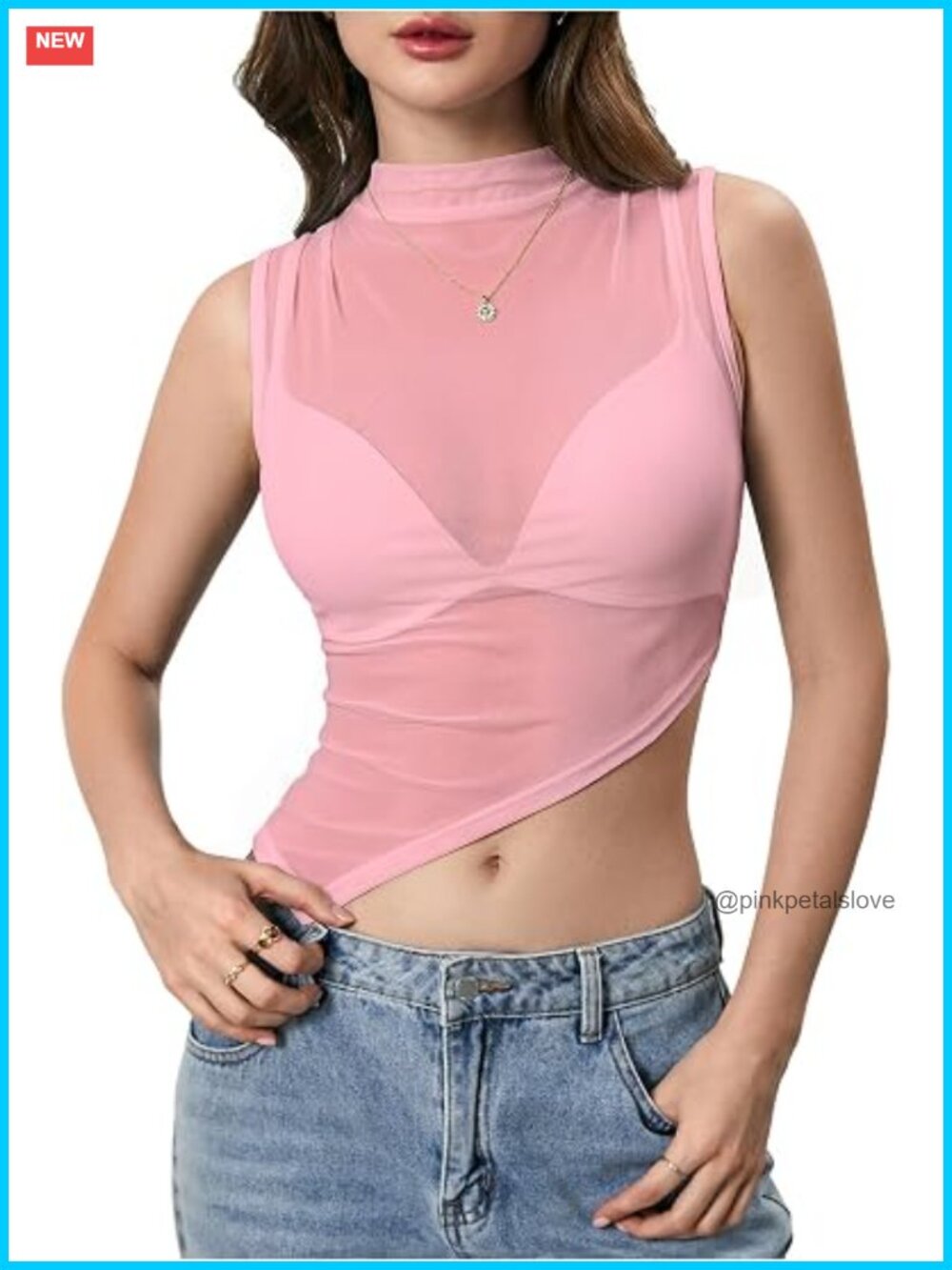 Sheer Mesh Mock Neck Crop Tank Top Sleeveless Asymmetrical Hem Going Out Top